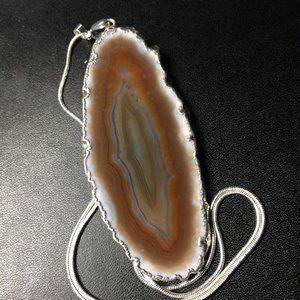 Agate stone crystal Pendant, Brown-orange naturally-pressed, 16" 925 Necklace